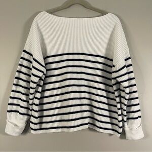 French Connection Off-the-Shoulder Striped Knit Sweater - White & Navy